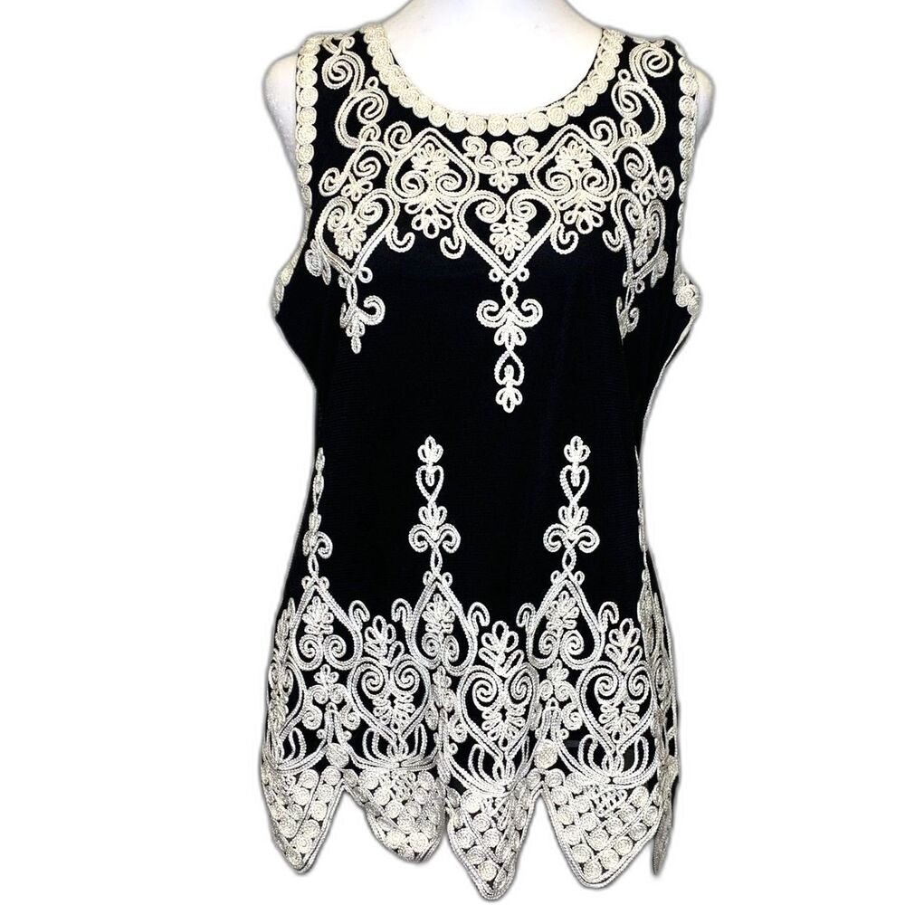 Juliette Womens‎ Sleeveless Tunic Mesh Embroidered Black White Medium